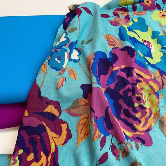 Viscose - Flowers - Aqua