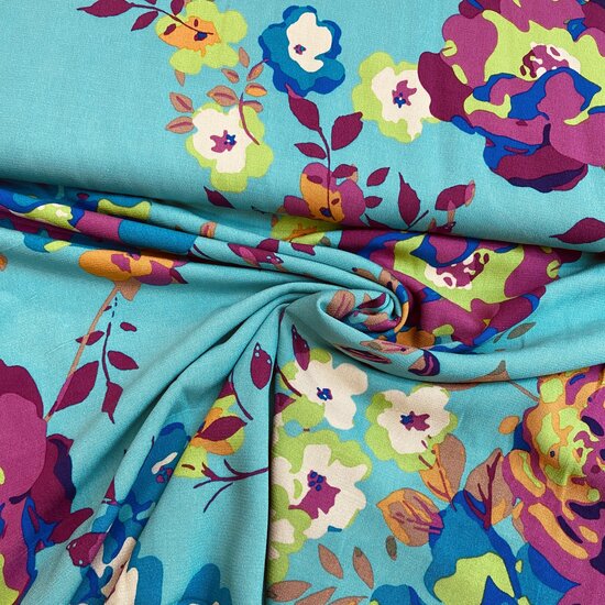 Viscose - Flowers - Aqua