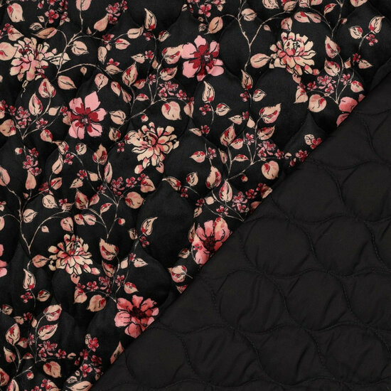 Velvet - Quilted Flowers - Zwart
