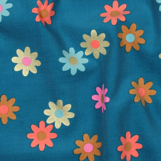 Ribfluweel - Foil Flowers - Petrol