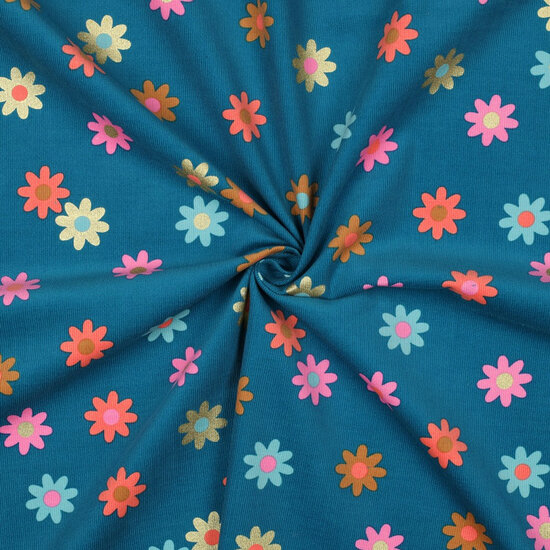 Ribfluweel - Foil Flowers - Petrol