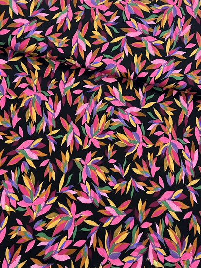 Viscose Twill - Colorful Leaves - Zwart