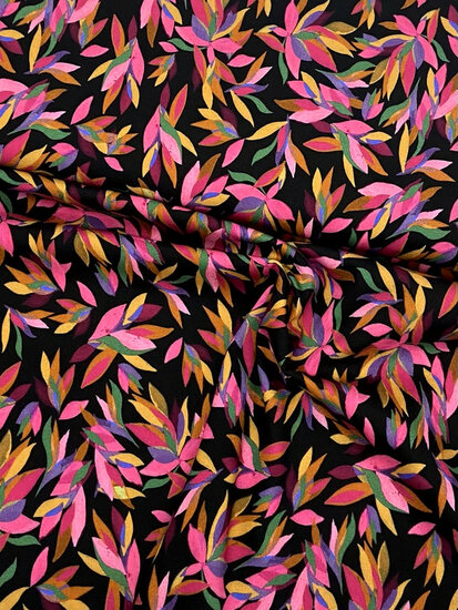 Viscose Twill - Colorful Leaves - Zwart