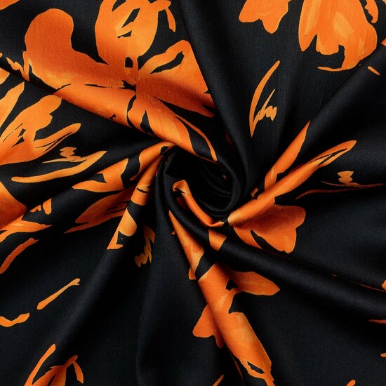 Viscose - Orange Flowers - Black