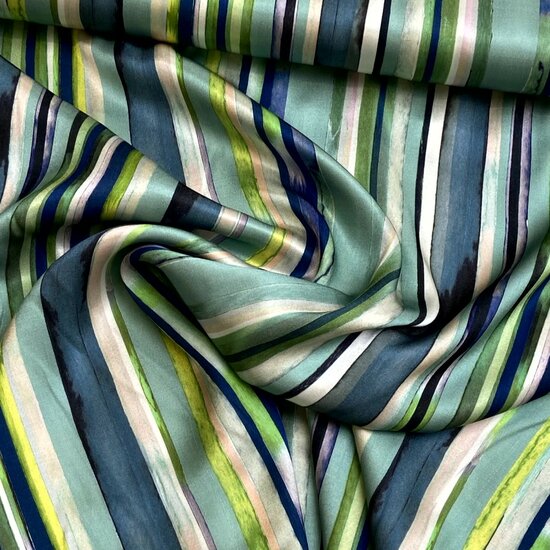 Viscose Satijn - Stripes - Blauw-Groen