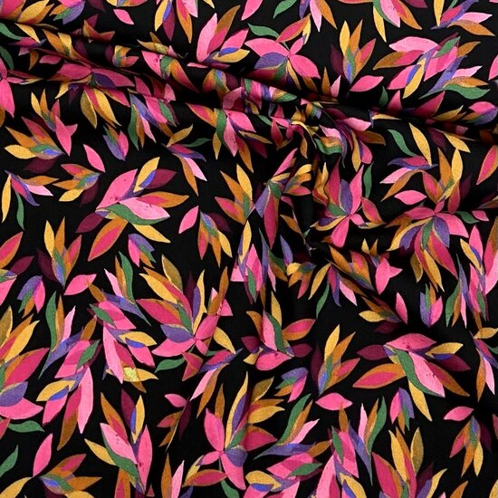 Viscose Twill - Colorful Leaves - Zwart