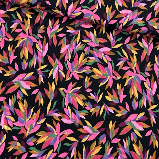 Viscose Twill - Colorful Leaves - Zwart