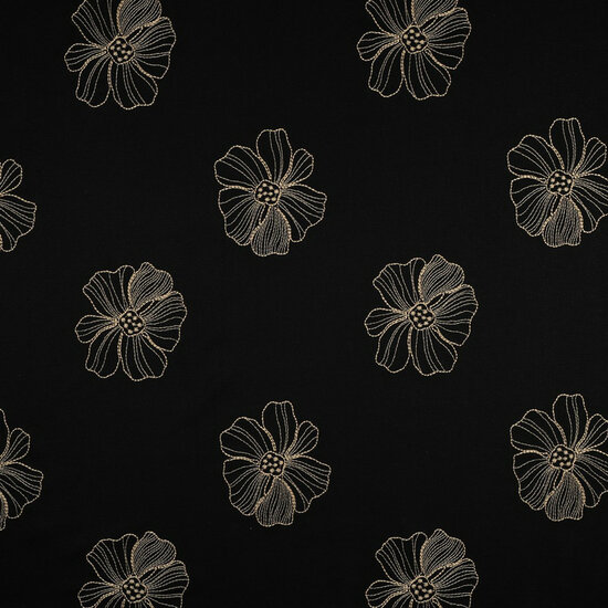 Viscose Linnen - Embroidery Flowers - Zwart