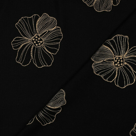 Viscose Linnen - Embroidery Flowers - Zwart