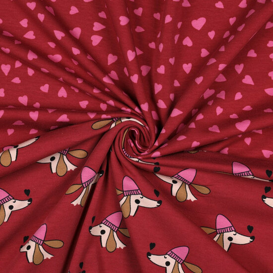 French Terry - Dogs and Hearts - rood