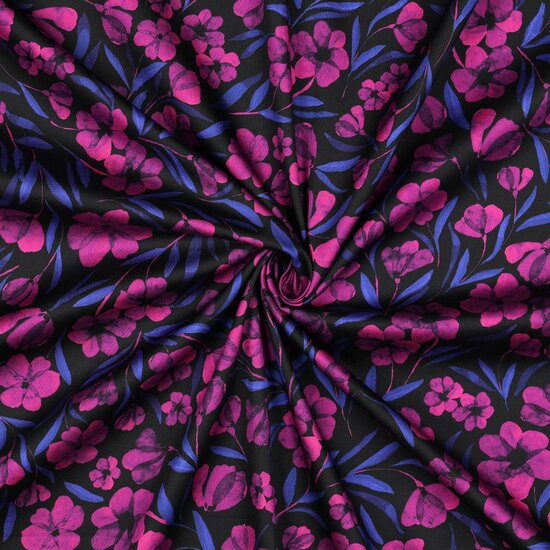 Katoen Satijn - Flowers - Fuchsia