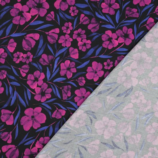 Katoen Satijn - Flowers - Fuchsia