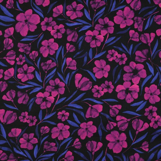 Katoen Satijn - Flowers - Fuchsia