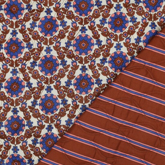 Katoen Quilted - Double Face Flowers And Stripes - Caramel - Kobalt