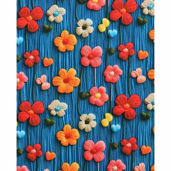 Poplin - 3D Knitted Flowers - Blauw
