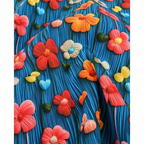 Poplin - 3D Knitted Flowers - Blauw