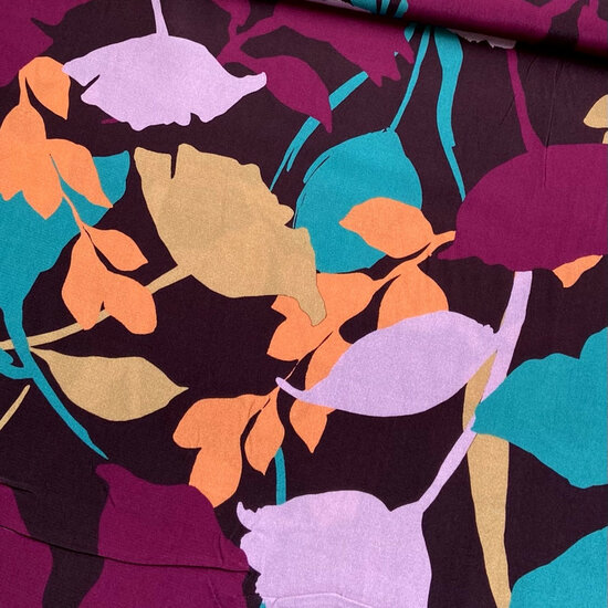 Viscose Crepe - Flowers - Aubergine