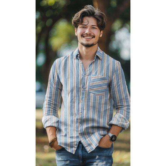 Tetra - Yarn Dyed Stripes - Blauw-Ecru-Fuchsia