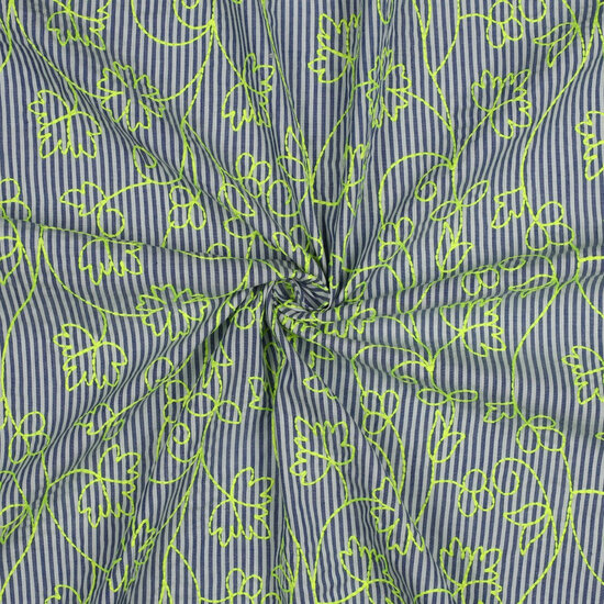 Katoen - Stripes Embroidery Neon Groen - Wit-Blauw