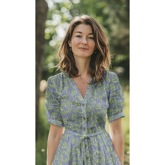 Katoen - Stripes Embroidery Neon Groen - Wit-Blauw