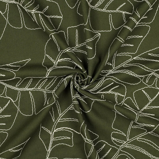 Viscose Linnen - Embroidery Leaves - Bosgroen