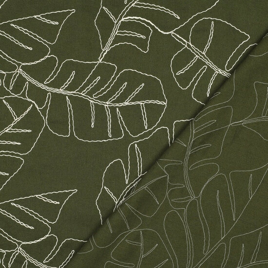 Viscose Linnen - Embroidery Leaves - Bosgroen