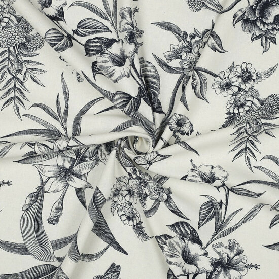 Viscose Linnen - Navy Flowers - Ecru
