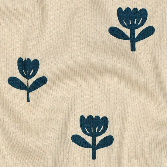 Rib Jersey - Flowers - Beige-Petrol