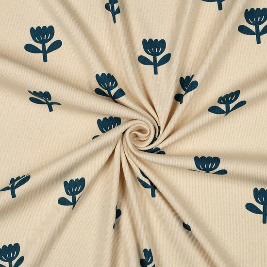 Rib Jersey - Flowers - Beige-Petrol