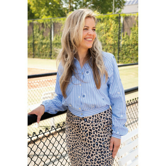 Katoen - Stripes Sequins Flowers - Blauw