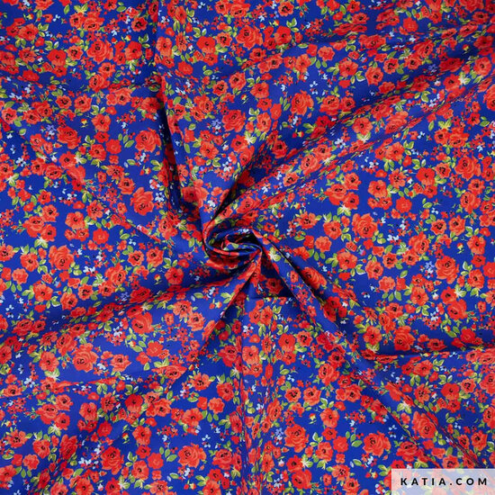 Poplin - Happy Flowers - Blauw