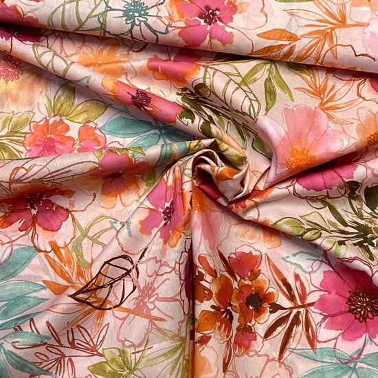 Katoen Voile - Flowers - Roze