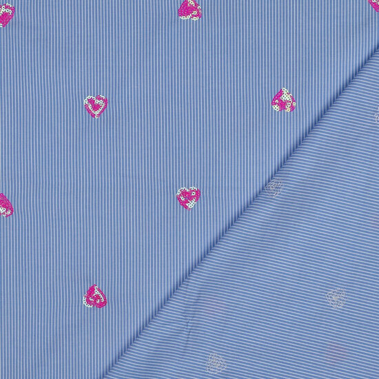 Katoen - Stripes Sequins Hearts - Blauw