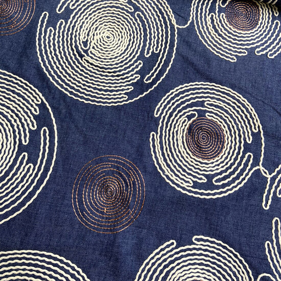 Katoen - Embroidery Circles - Dark Denim