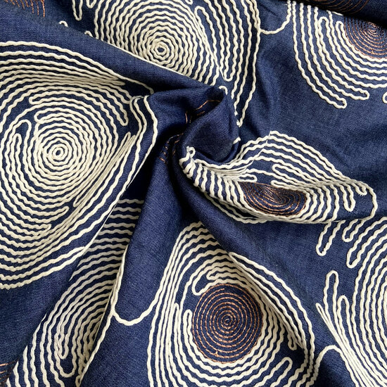 Katoen - Embroidery Circles - Dark Denim