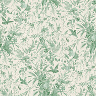 Katoen - Green Flowers and Birds - Groen