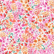 Katoen - Pink - Orange Packed Flowers - Wit