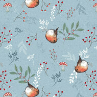 Katoen - Little Red Robin Berries - Lichtblauw