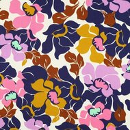 Katoen Satijn - Pink and Blue Flowers - Wit