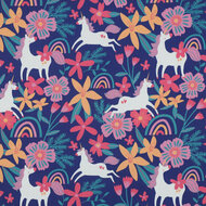 Poplin - Flowers and Unicorns - Kobalt