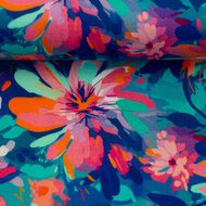 Viscose Stretch - Flowers - Aqua