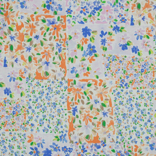 Viscose - Patchwork Flowers - Indigo-Oranje Viscose - Patchwork Flowers - Indigo-Oranje