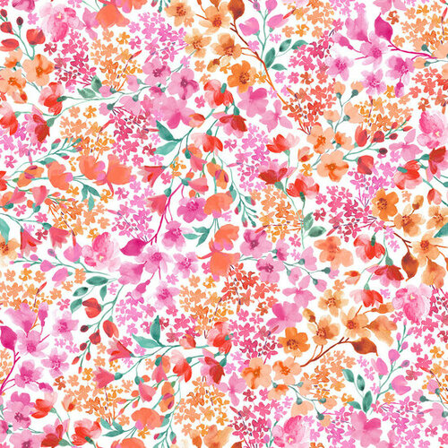 Katoen - Pink-Orange Packed Flowers - Wit Katoen - Pink-Orange Packed Flowers - Wit