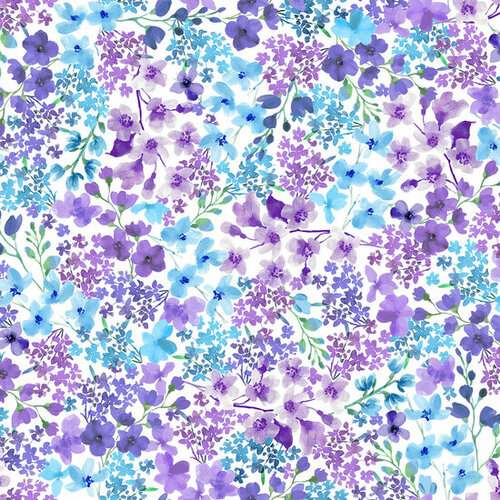 Katoen - Blue-Violet Packed Flowers - Wit Katoen - Blue-Violet Packed Flowers - Wit