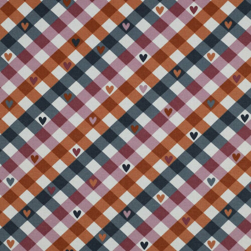 Flanel - Check with Hearts - Mauve-Jeansblauw Flanel - Check with Hearts - Mauve-Jeansblauw