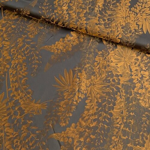 Jacquard Satijn - Leaves - Grijs-Oranje Jacquard Satijn - Leaves - Grijs-Oranje