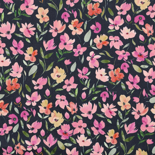 Ribfluweel - Flowers - Navy Ribfluweel - Flowers - Navy