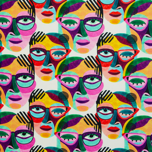 Viscose Jersey - Colored Faces - Wit Viscose Jersey - Colored Faces - Wit