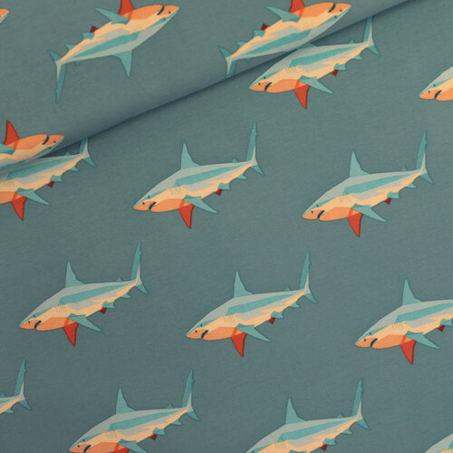 French Terry - Sharks - Stoffig Turquoise (SYAS) French Terry - Sharks - Stoffig Turquoise (SYAS)