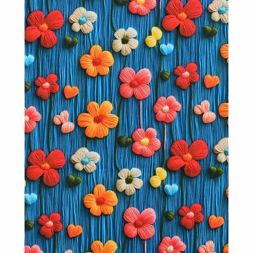Poplin - 3D Knitted Flowers - Blauw Poplin - 3D Knitted Flowers - Blauw